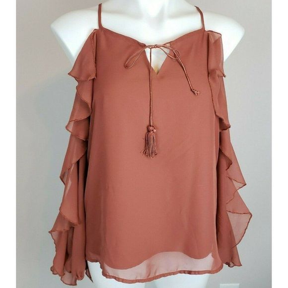 Fourteenth Place Rust Red Orange Cold Shoulder Long Ruffle Sleeved Top S EUC - Picture 1 of 3